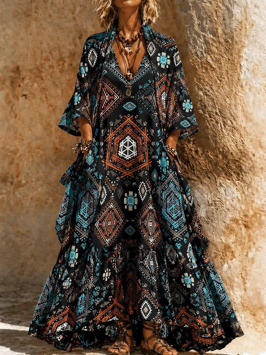 Retro Style Art Printed Vintage Camisole Dress Long Sleeve Two-Piece Maxi Dress